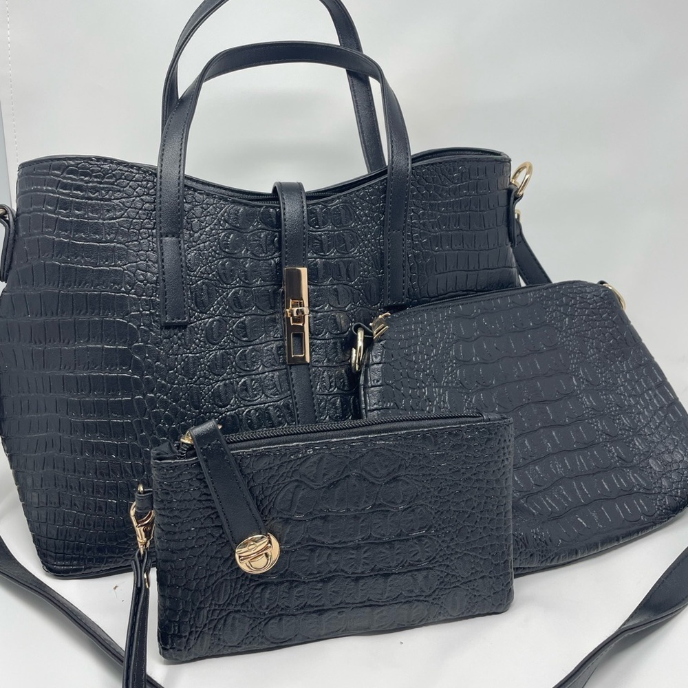Black crocodile-pattern faux leather handbag set